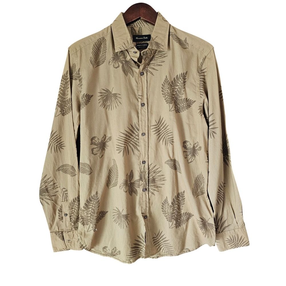 Massimo‎ Dutti Mens Khaki Tan Botanical Leaf Print Button Down Shirt Size Medium